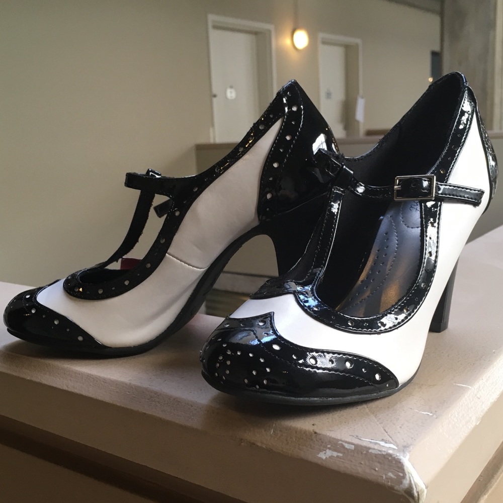 Black and White T-Strap Heels